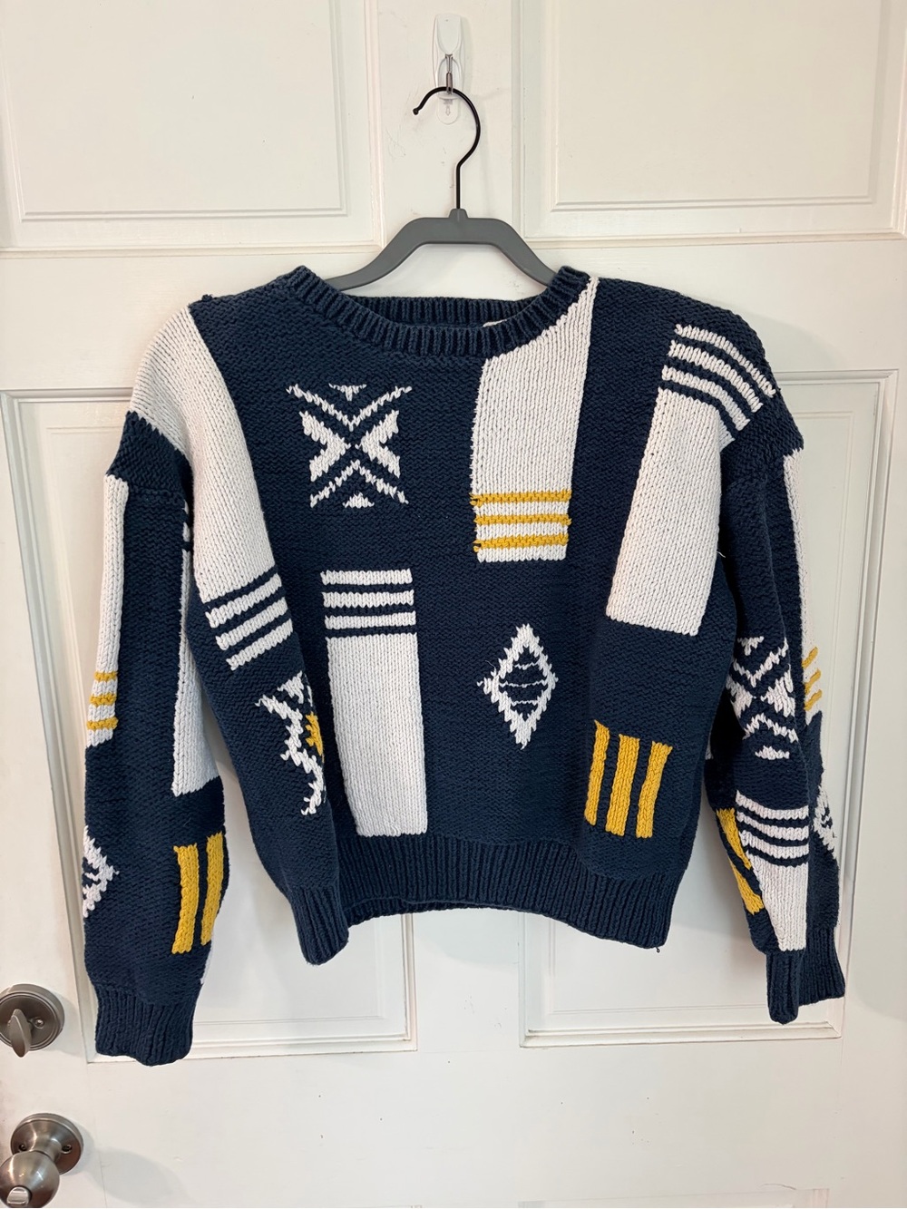 Vintage Claiborne Hand Knit 100% Cotton Geometric Crewneck Sweater M